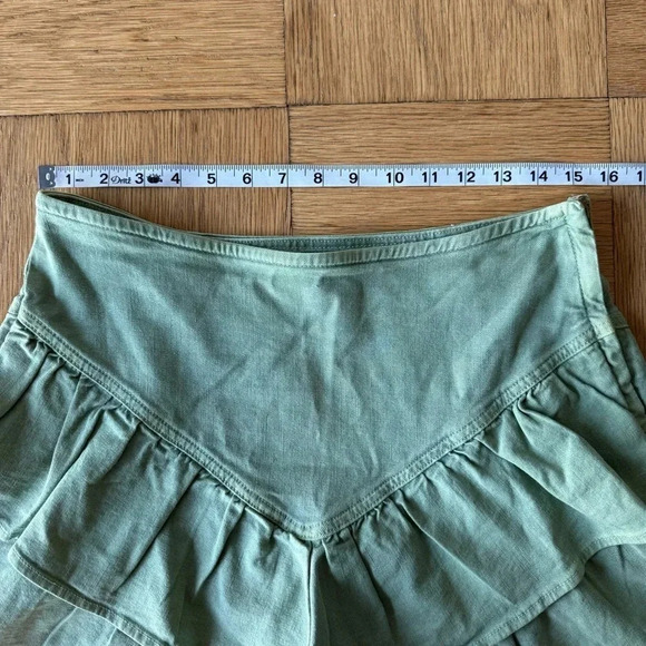 Mother The Ruffle Mini Skirt Size 30 Loden Frost Green Denim Tiered Side Zip - Picture 10 of 11